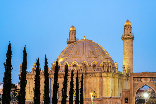 Taza Pir Mosque Golden Dome and Minaret at Blue Hour