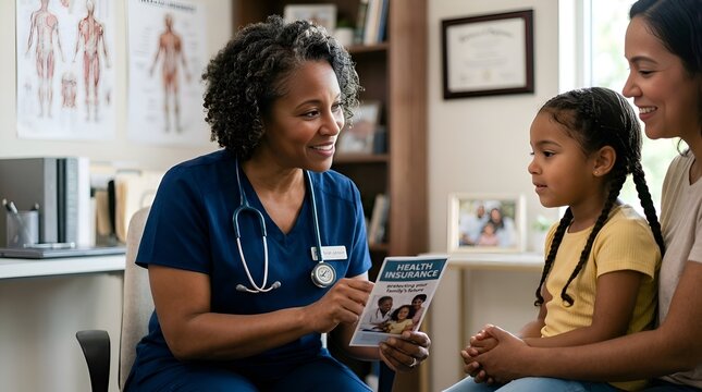 Doctor Explaining Health Insurance Brochure to Mother and Child