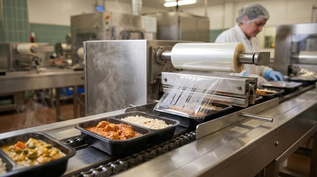 Ready meal production scene with trays entering sealing machine, showing rising steam, warm food texture, hygienic packaging and fresh convenience manufacturing workflow.