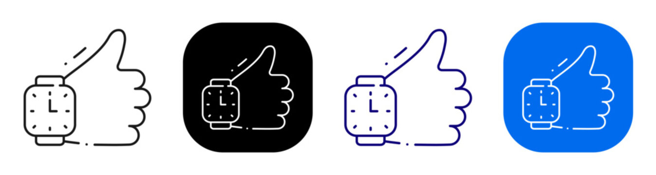 Thumbs up with wristwatch for timely approval and completed deadline review. Line, filled, black, color set. Editable stroke