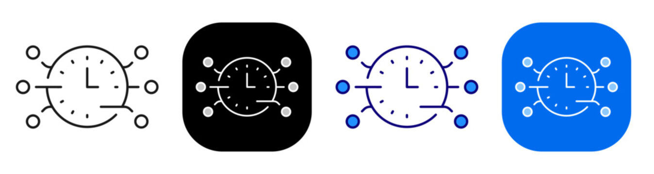 Clock connected to nodes for scheduling network and time coordination system. Line, filled, black, color set. Editable stroke