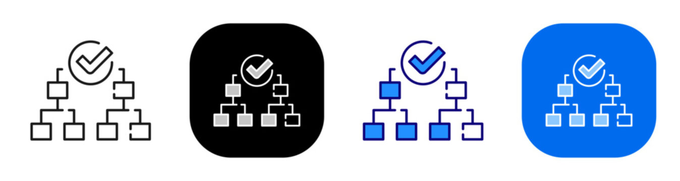 Hierarchy chart with check for workflow approval process and task validation. Line, filled, black, color set. Editable stroke