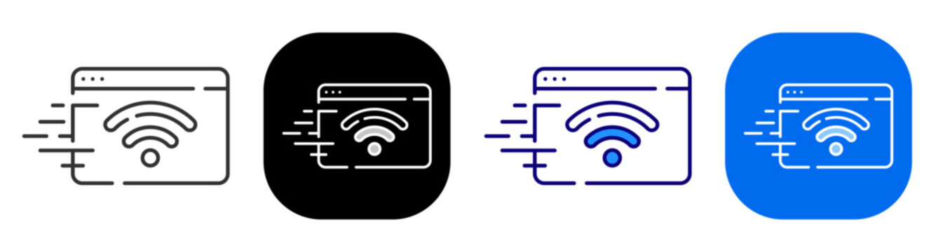Fast WiFi webpage for wireless internet speed connection and online access. Line, filled, black, color set. Editable stroke