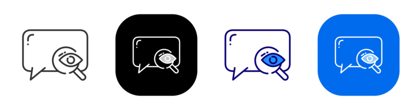 Chat bubble with magnifier for message search review and conversation analysis. Line, filled, black, color set. Editable stroke