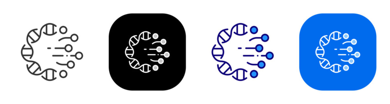 DNA strand with nodes for genetic data analysis genome network and biology research. Line, filled, black, color set. Editable stroke