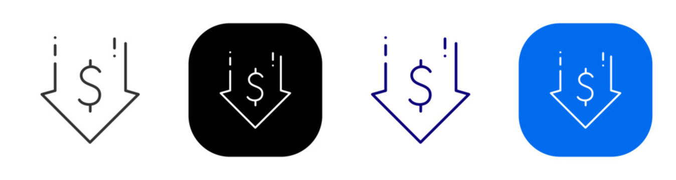 Dollar down arrow for payment decrease expense withdrawal and finance decline. Line, filled, black, color set. Editable stroke