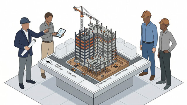 Architectural CAD Figures Observing Construction Site Model, BIM Architectural Visualization Concept, Technical Flat Vector Illustration of Building Design Process, Isolated White Background, Engineer