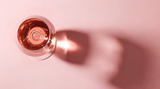 brut. Glass of rose sparkling wine on a pastel pink background, captured from above with soft shadows and studio lighting. bar promotions.
