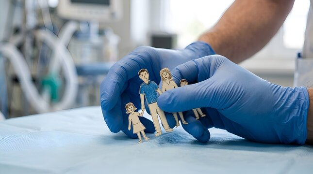 Healthcare worker hands in blue gloves holding paper family cutout in hospital setting