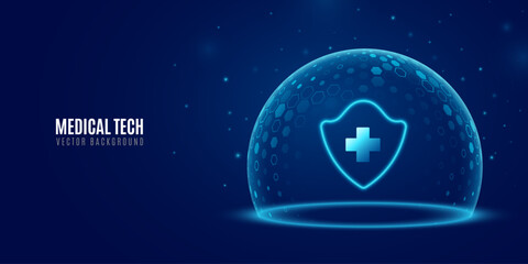 Glowing holographic protective dome shield with medical cross and blue hexagonal pattern for futuristic healthcare technology background. Medical security and biotechnology concept. Vector. © sersupervector