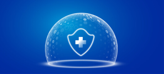 Glowing white holographic protective dome shield with medical cross and hexagonal pattern for futuristic healthcare technology background. Medical security and biotechnology concept. Vector. © sersupervector