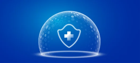 Glowing white holographic protective dome shield with medical cross and hexagonal pattern for futuristic healthcare technology background. Medical security and biotechnology concept. Vector. © sersupervector