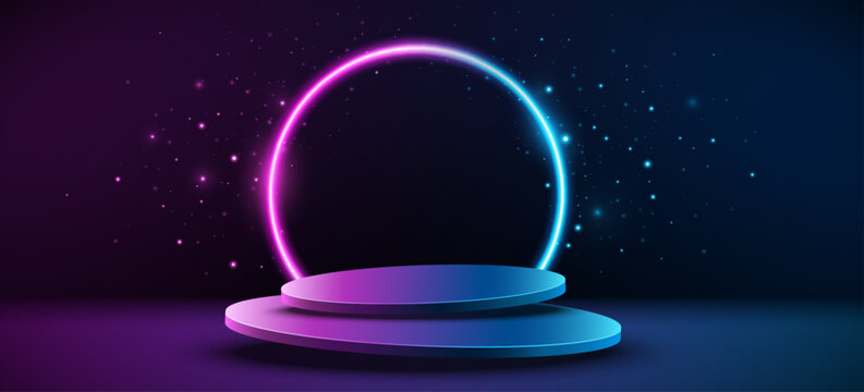 Levitating 3D stage with blue and purple glowing neon ring and magical dust on a dark background. Showcase platform for product presentation or marketing promotions. Vector illustration.