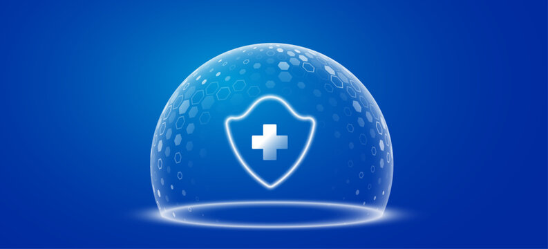 Glowing white holographic protective dome shield with medical cross and hexagonal pattern for futuristic healthcare technology background. Medical security and biotechnology concept. Vector.