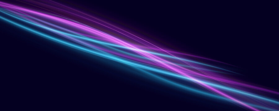 Flowing neon light waves in vibrant purple and blue tones on a dark backdrop. Colorful smooth luminous curves lines or light trail. Abstract background for your design. Vector illustration.