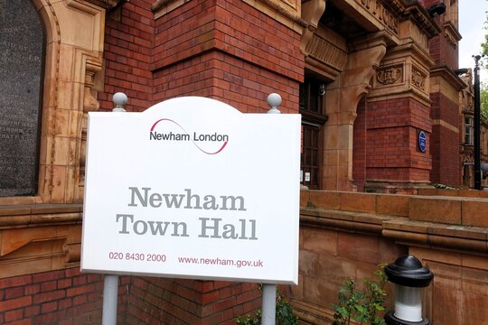 A sign for Newham Town Hall, the administrative centre for the London Borough of Newham.&nbsp;The Town Hall building is located in East Ham.
