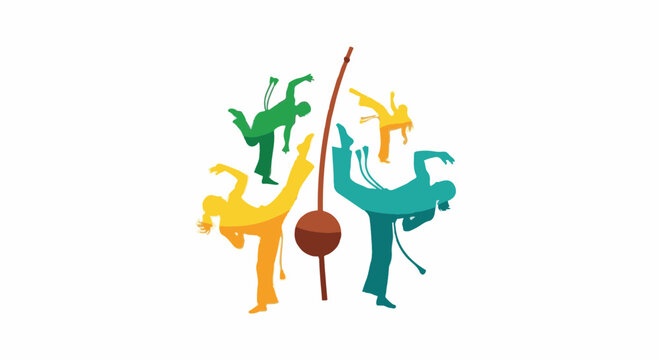Colorful silhouettes of athletes practicing capoeira martial arts moves and kicks around a central berimbau instrument on a white background, featuring green, yellow, and blue tones.