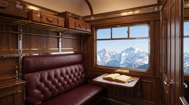 Luxury Vintage Train Cabin Interior with Elegant Leather Seat and Open Book, Scenic Snowy Mountain View Through Window, Nostalgic First Class Rail Travel and Heritage Tourism