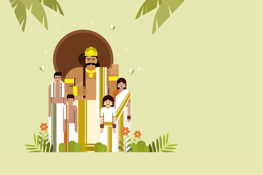 Conceptual vector illustration of King Mahabali with a traditional Kerala family, symbolizing the spirit of Onam, prosperity, harmony and Kerala's rich cultural heritage