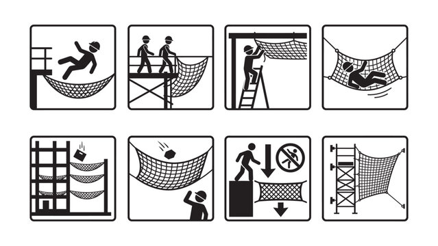 Set of construction safety warning signs and icons depicting fall protection netting.