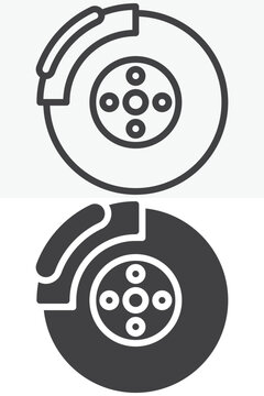Car brake disc line and solid icon set. Editable stroke vector sign symbol with outline and filled icon versions for wheel braking, repair, and auto parts.