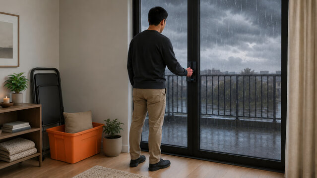 Personne observant un orage depuis une baie vitr&eacute;e