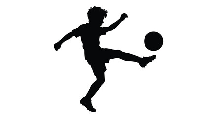 Obraz premium Boy kicking a soccer ball during a game dynamic pose black silhouette athlete child competition exercise football goal
