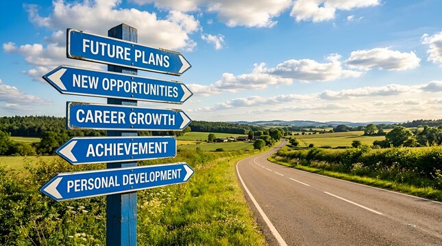 Directional signs on rural road: future plans, new opportunities, career and achievement