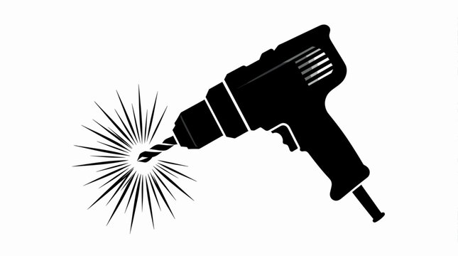 Black Silhouette Electric Drill Drilling with Spark Effect Illustration