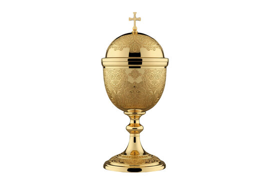 Golden ciborium with lid and cross, featuring intricate ornate details for sacred ceremonies, transparent background