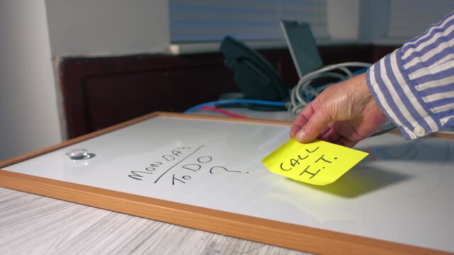 Worker puts reminder note to call network technician with messy cables background