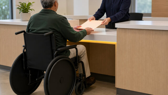 Personne en fauteuil roulant remettant un document &agrave; l'accueil