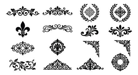 Collection of floral ornaments and laurel wreaths in black silhouette ornament design motif element decoration wreath leafy acanthus © Mama