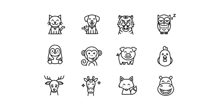 Icon set collection of popular pets and farm animals including dogs, cats, monkeys, and owls in a modern line style.