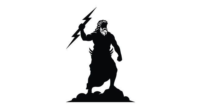 A bearded man holding a lightning bolt depicted as a black silhouette zeus greek god mythology thunderbolt divinity