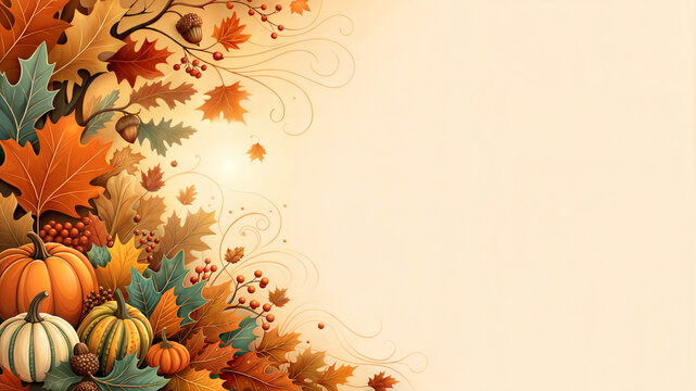 Autumn harvest pumpkins and colorful leaves arranged in a decorative border with soft warm light