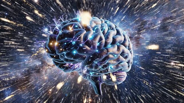 Anatomical human brain with glowing blue neural pathways, exploding with energy and light in cosmic nebula background, representing thought and intelligence