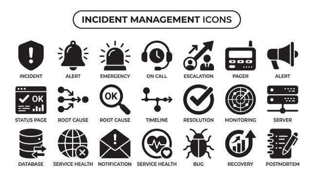 Incident management icons set for it service operations and system monitoring