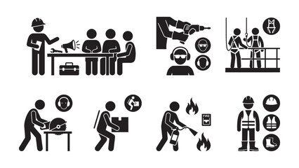 Obraz premium Set of industrial safety and workplace hazard icons in black and white.
