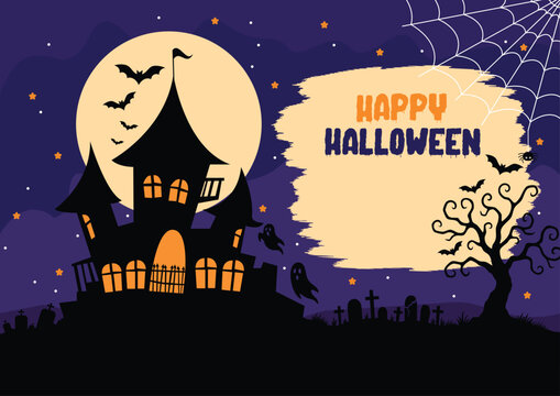 Happy Halloween Haunted House Banner Illustration, vector Design