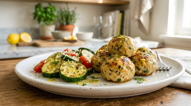 Delicious homemade meatballs with zucchini and tomatoes on a white plate