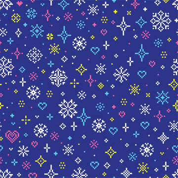 Abstract seamless pattern with pixel art elements. Pixelated snowflakes, hearts, stars. Decorative Christmas, winter print template, vector background