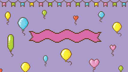 Fototapeta premium Celebration background in trendy pixel art style. Pixelated empty ribbon, colorful balloons and garland with paper flags. Stylish backdrop vector design