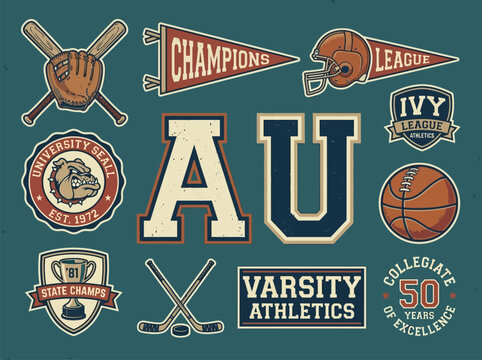 Premium Vintage Collegiate Multi-Sport Championship Badge and Sticker Set with Varsity Athletics Baseball Football Basketball Hockey University Seal Pennant and Trophy for Sports Apparel Design
