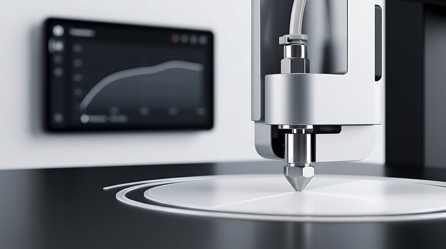 Industrial 3d printer nozzle extruding white filament onto a circular platform with a digital data graph displayed on a background screen