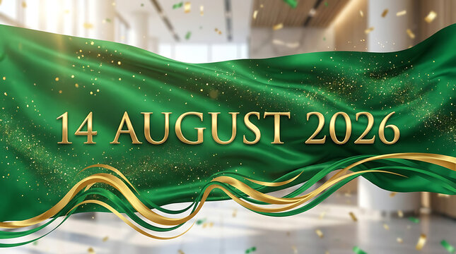Green banner with gold text and ribbons for celebration on august 14 2026