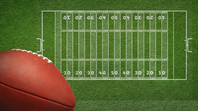 Empty striped american football field texture with close-up of an American football ball. Green grass texture - well-groomed turf and tactics lines.
