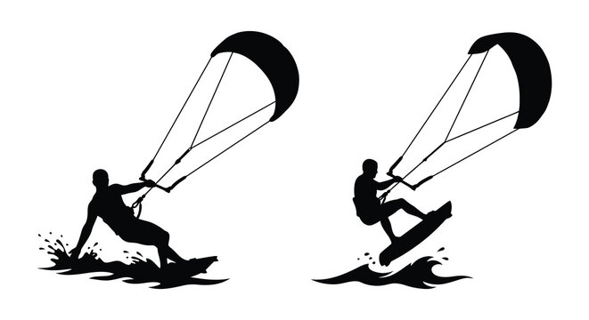 Kitesurfers riding waves with kites and boards depicted as a black silhouette kitesurfing kite surfing kitesurfer windsurfing wind