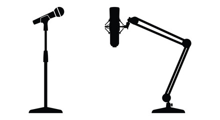 Naklejka premium Two microphone stands in black silhouette against a white background a studio recording setup microphones mic mics stand