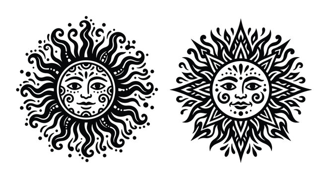 Two stylized sun face depictions with radiating lines a black and white silhouette symbol solar disc motif radiant